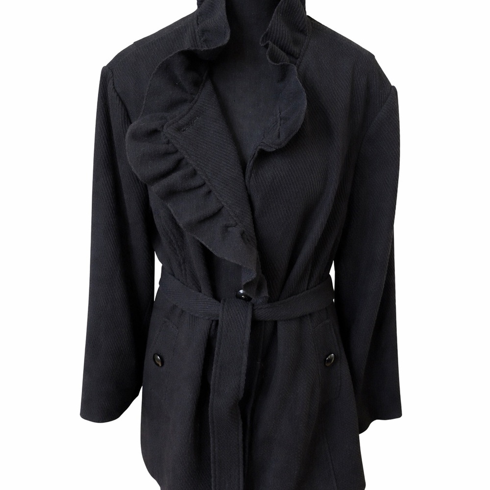 American Rag Cie Black Ruffle Front Belted Jacket Coat Plus Size 3X